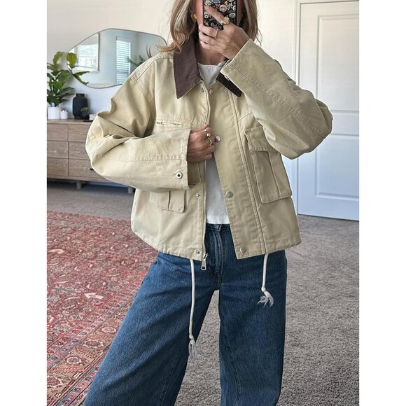 Womens Cropped Jacket Contrast Collar Utility Coat Cargo Jacket Barn Jacket Outw - Picture 3 of 6